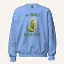 blue crewneck sweatshirt with a pickle jar graphic and 'In a Pickle? Call on Jesus' text on a cream background