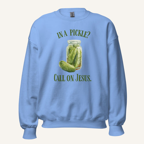 blue crewneck sweatshirt with a pickle jar graphic and 'In a Pickle? Call on Jesus' text on a cream background