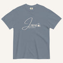 Blue t-shirt with 'Jesus & Coffee' text on a white background