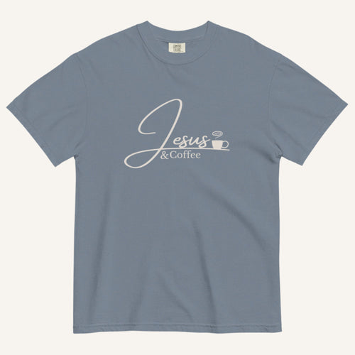 Blue t-shirt with 'Jesus & Coffee' text on a white background
