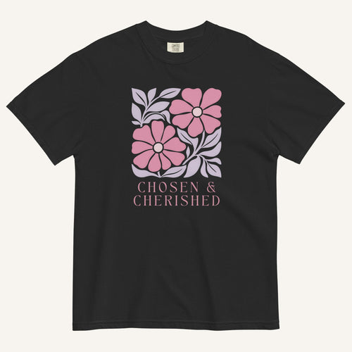 black t-shirt with floral graphic and 'Chosen & Cherished' text on a cream background