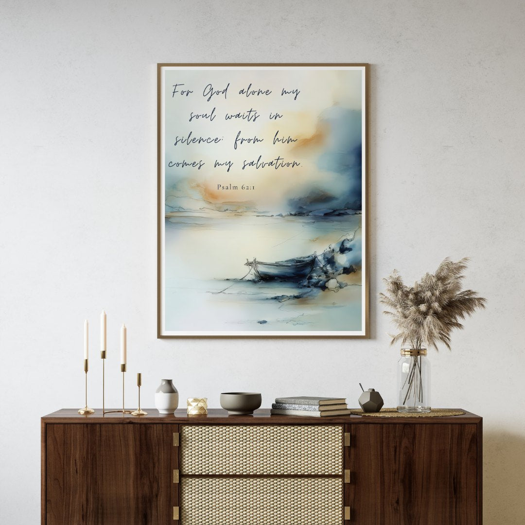 Bible verse with boat in water art piece hanging on a living room wall