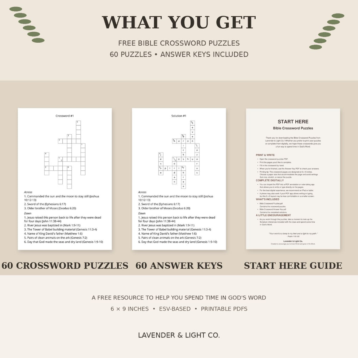 a "what you get" infographic page for the Scripture Crossword Puzzles