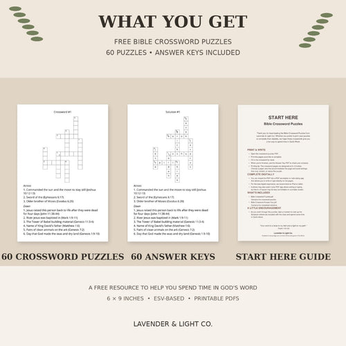 a "what you get" infographic page for the Scripture Crossword Puzzles
