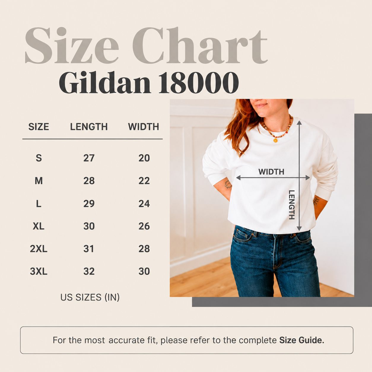 Size chart for Gildan 18000 with a person wearing a white shirt and jeans.