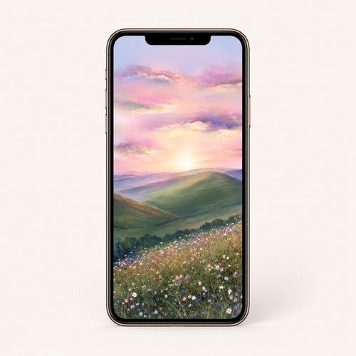 Smartphone displaying a scenic wallpaper of a sunset over rolling hills and a field with flowers on a white background.