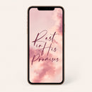 Smartphone with 'Rest in His Promises' text on a pink cloud background