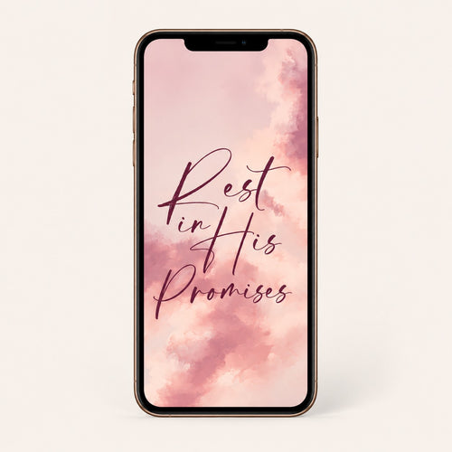 Smartphone with 'Rest in His Promises' text on a pink cloud background