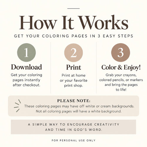 How It Works graphic showing three steps for the coloring pages: download, print, and color and enjoy, with a note about off-white or cream backgrounds.