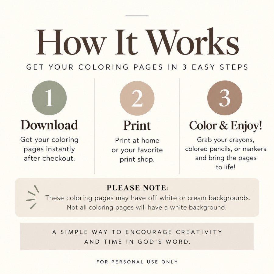 How It Works graphic showing three steps for the coloring pages: download, print, and color and enjoy, with a note about off-white or cream backgrounds.