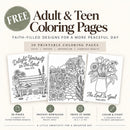 Free 30-page coloring pack for teens and adults featuring faith, nature, inspiration, and everyday beauty, with sample printable coloring pages.