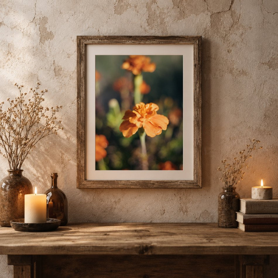 Framed Quiet Gold floral photograph featuring a glowing orange flower displayed on a textured wall above a rustic wooden table with candles, dried flowers, and books.