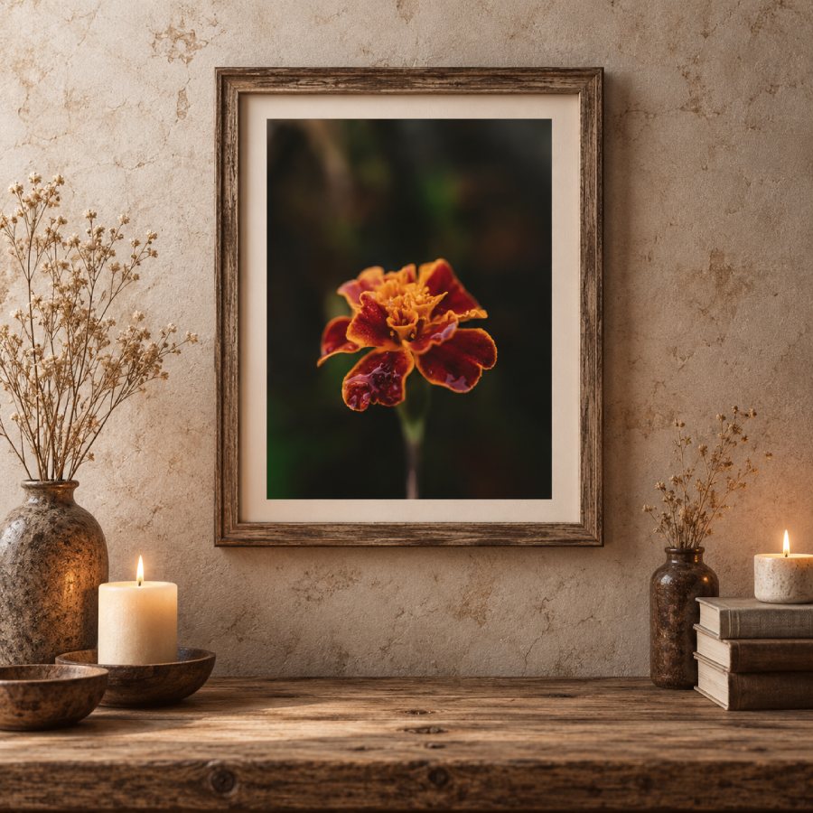 red and orange flower photograph within a neutral wooden frame surrounded by candles and books on a desk