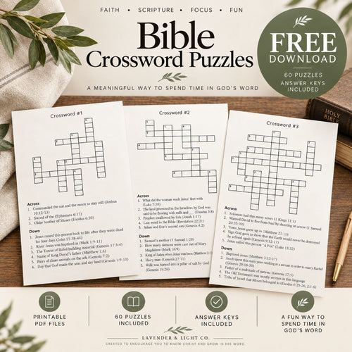 an infographic for "Bible Crossword Puzzles" and information about the puzzles including the first three puzzle page images