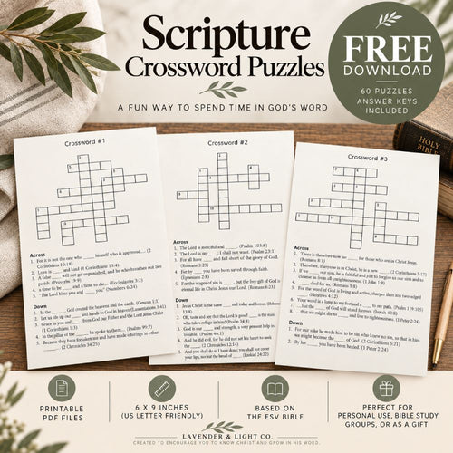 an infographic of three crossword puzzle pages with "Scripture Crossword Puzzles" text
