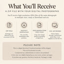 a "What you'll recieve" image for photography including 'zip file', 'instant download', 'high resolution JPEG File', and 'Use anywhere' text