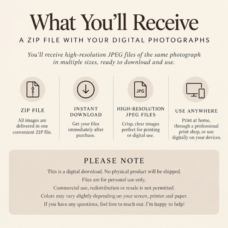 a "What you'll recieve" image for photography including 'zip file', 'instant download', 'high resolution JPEG File', and 'Use anywhere' text