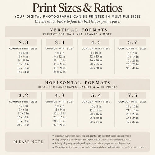 Print sizes and ratios for photography, including, 2:3, 3:4, 4:5, 5:7, 3:2, 4:3, 5:4, nd 7:5 ratios.