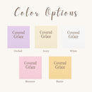 Color swatches for 'Covered in Grace' in orchid, ivory, white, blossom, and butter on a light background.