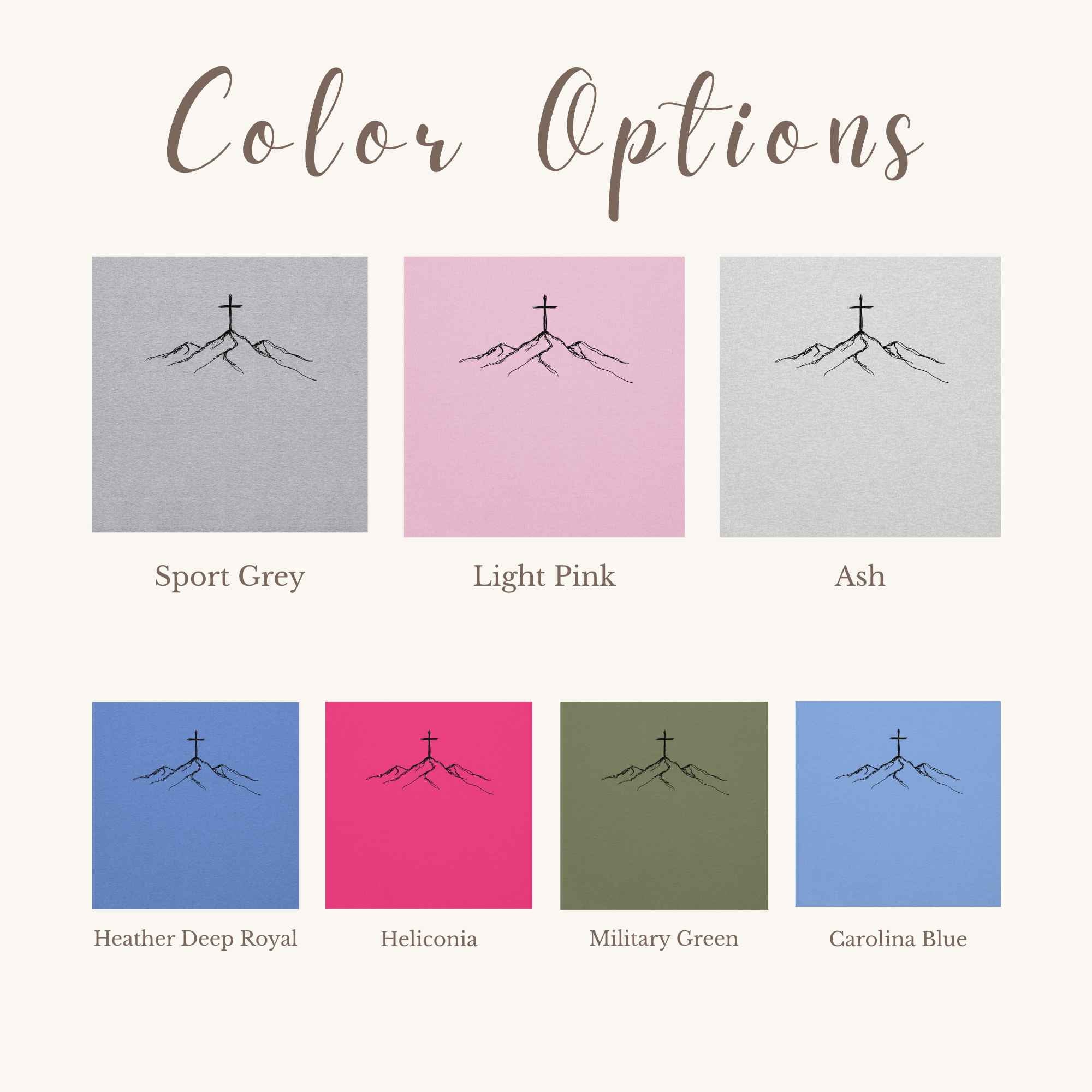 Color options chart showing eight square swatches with a simple mountain-and-cross line drawing, labeled Sport Grey, Light Pink, Ash, Heather Deep Royal, Heliconia, Military Green, and Carolina Blue under the heading 'Color Options'.