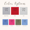 Color options chart for JOHN 3 16 with cross graphic on fabric, showing multiple color swatches including Sport Grey, Red, Ash, Heather Deep Royal, Heliconia, Military Green, and Carolina Blue, arranged on a light cream background with the title 'Color Options' at the top.