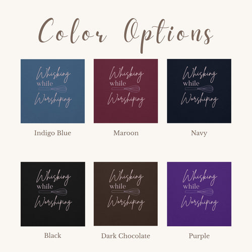 Color options for 'Whisking while Worshiping' crewneck sweatshirt.