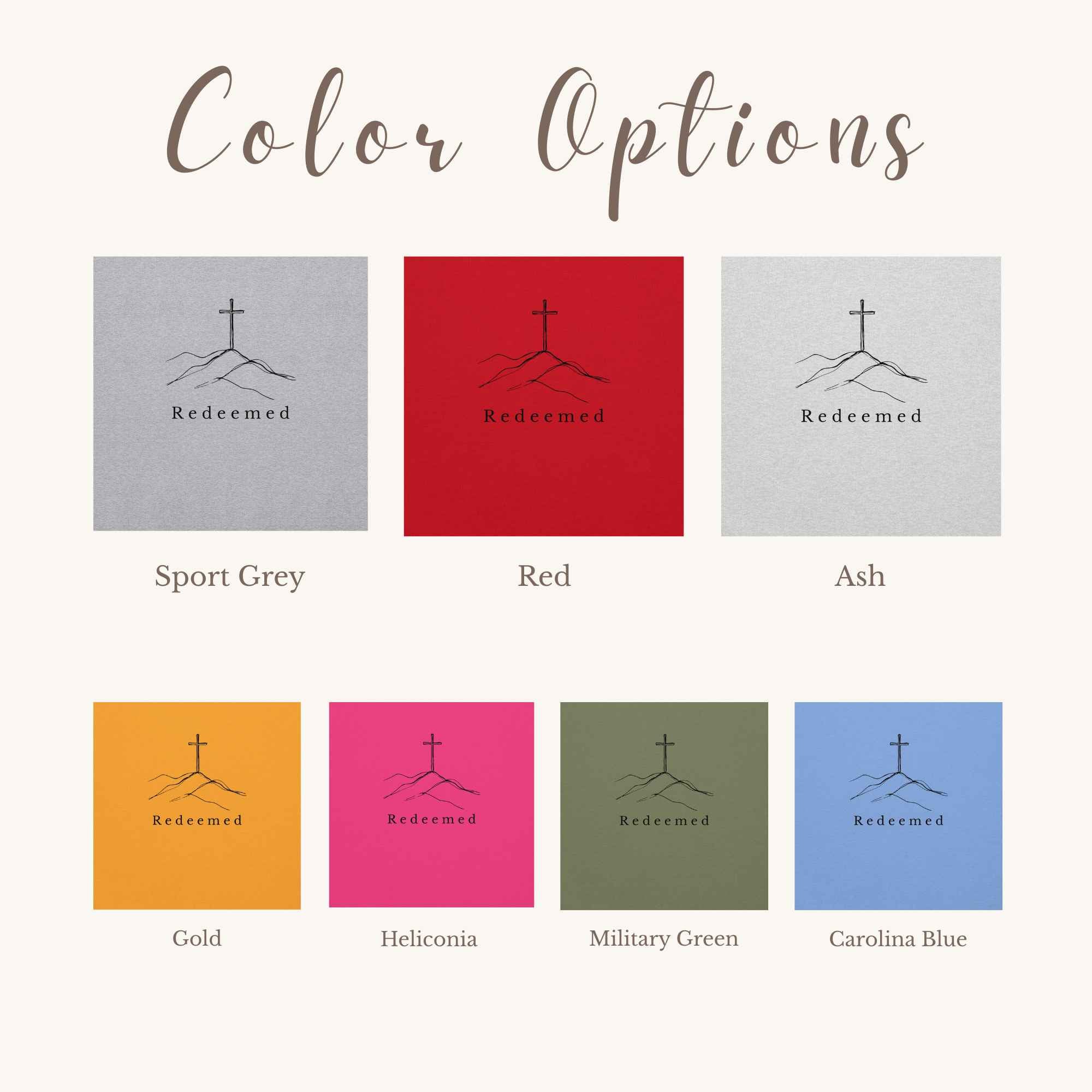 Color options chart for the Redeemed crewneck sweatshirt, showing seven square swatches with a cross graphic and text. The colors include Sport Grey, Red, Ash, Orange, Heliconia, Military Green, and Carolina Blue, labeled on a light cream background under the heading 'Color Options'.