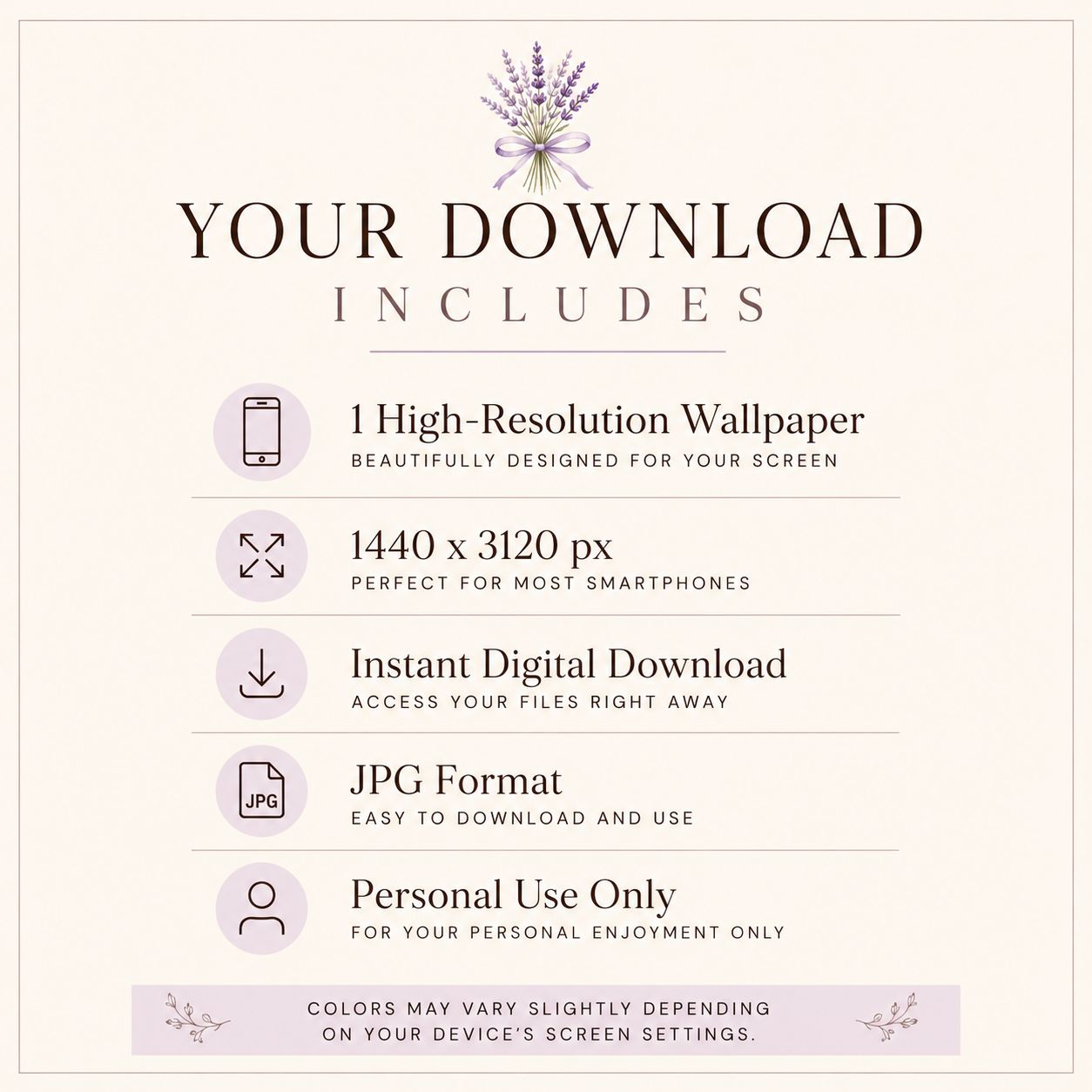 Download information card with lavender design and text about high-resolution wallpaper.
