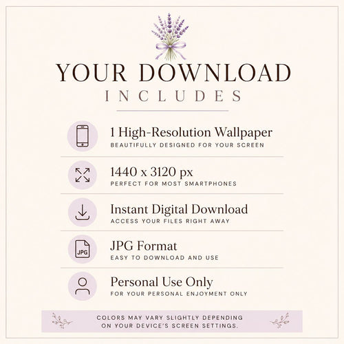 Download information card with lavender design and text about high-resolution wallpaper.