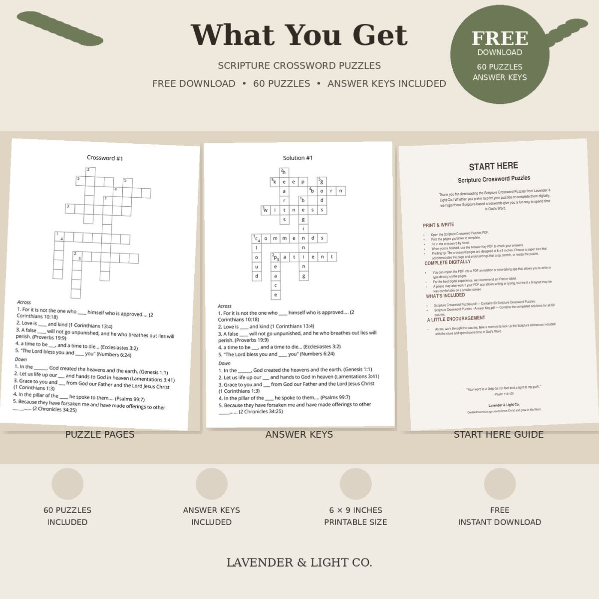 a "what you get" infographic for Scripture Crossword Puzzles