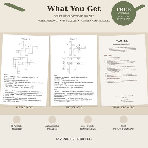 a "what you get" infographic for Scripture Crossword Puzzles