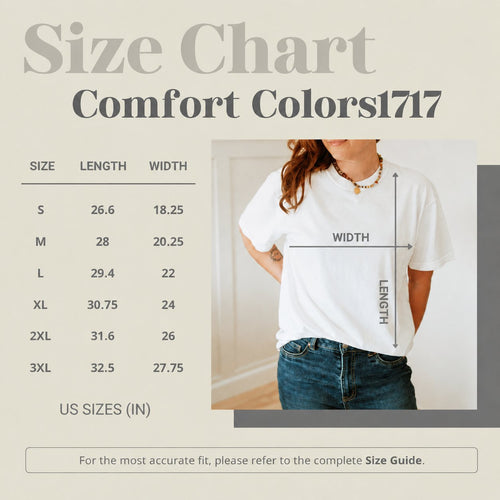 Size chart for a white t-shirt with measurements and a person wearing the shirt.