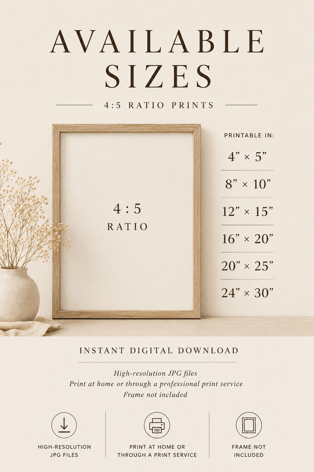 Available sizes chart for 4:5 ratio prints with a wooden frame and decorative elements.