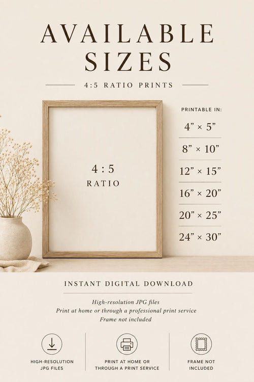 Available sizes chart for 4:5 ratio prints with a wooden frame and decorative elements.