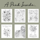 Preview of coloring pages featuring flowers, cottagecore gardens, nature scenes, and Bible-inspired designs with Scripture verses.