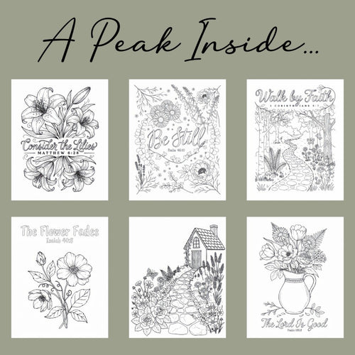 Preview of coloring pages featuring flowers, cottagecore gardens, nature scenes, and Bible-inspired designs with Scripture verses.