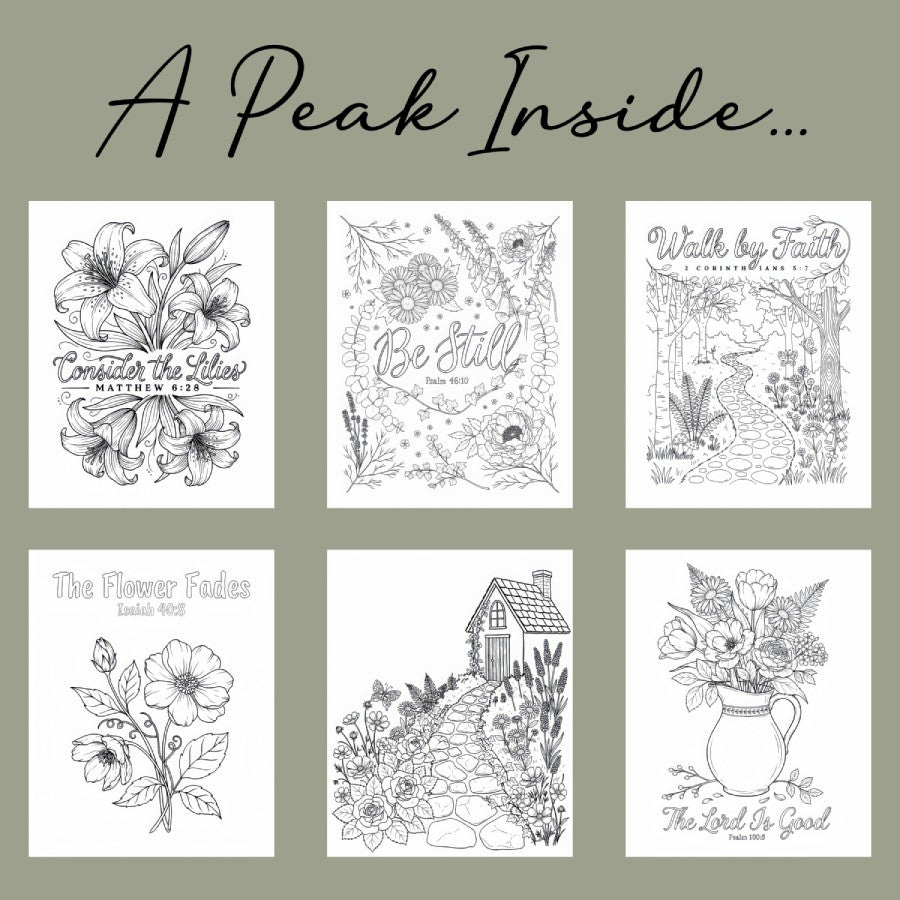 Preview of coloring pages featuring flowers, cottagecore gardens, nature scenes, and Bible-inspired designs with Scripture verses.