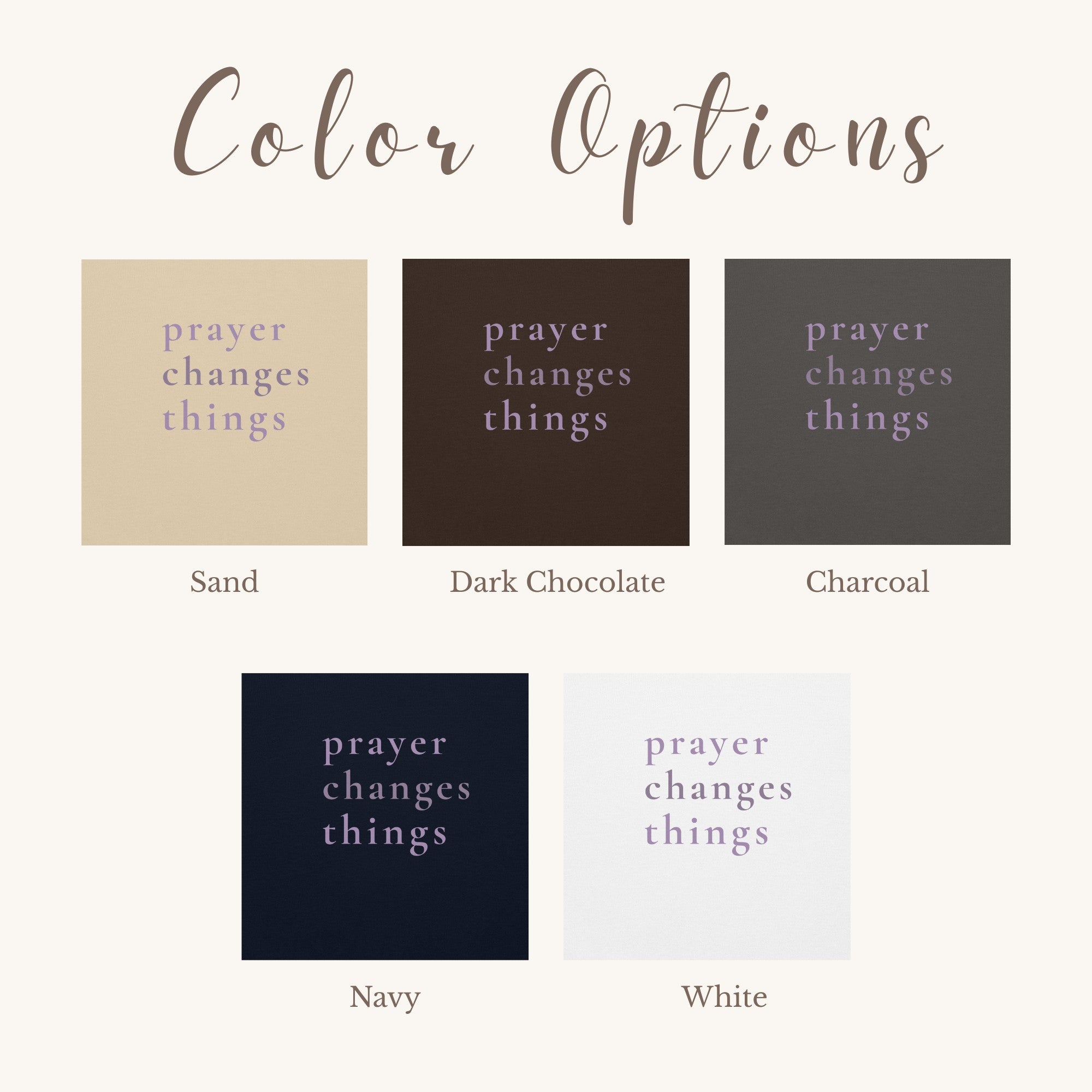 Color swatches with 'prayer changes things' text in different colors on a white background