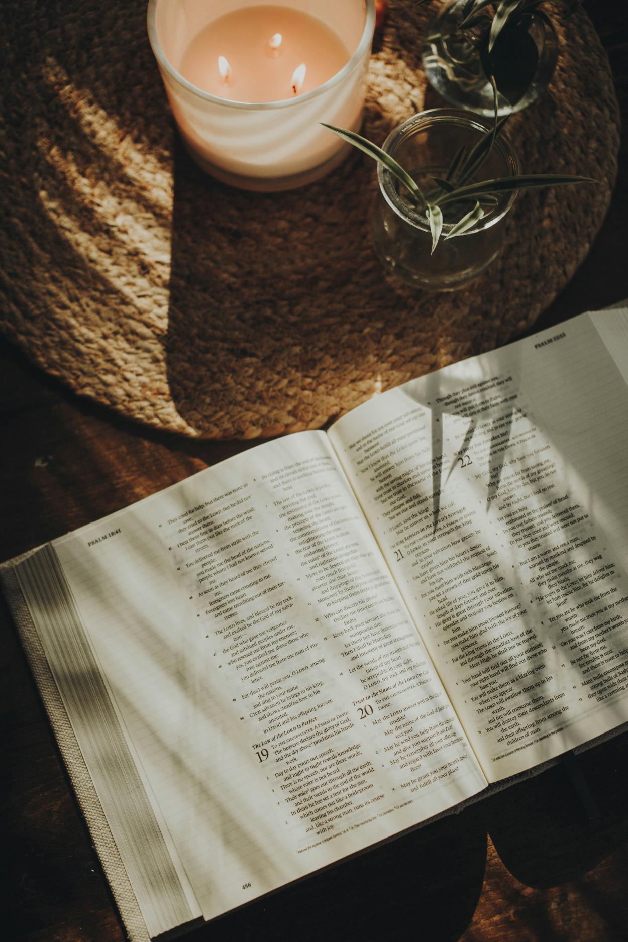 open bible laying on a table with a candle and small plants