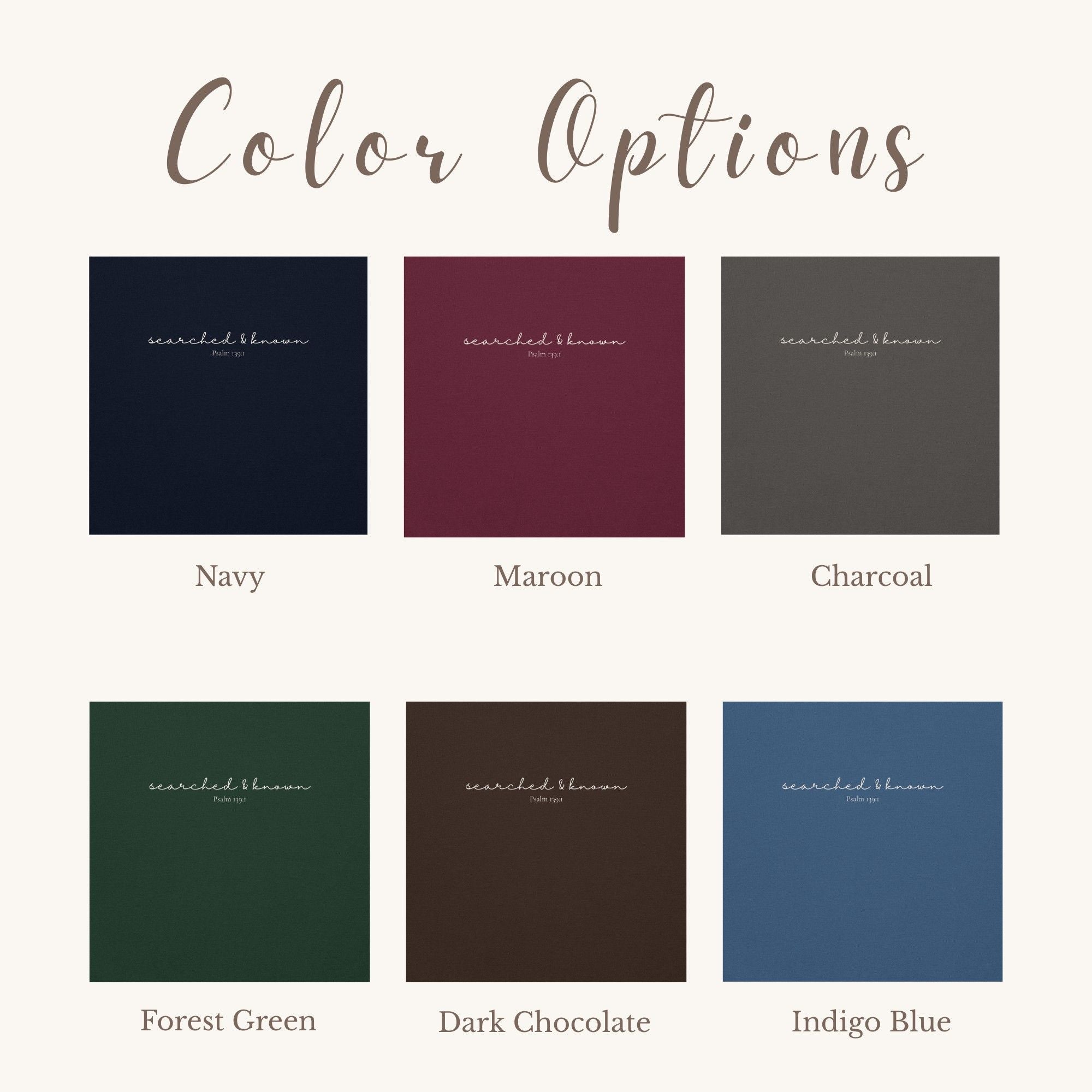 Color swatches labeled with names and a brand name on a white background