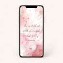 Phone with a pink floral design and text on the screen