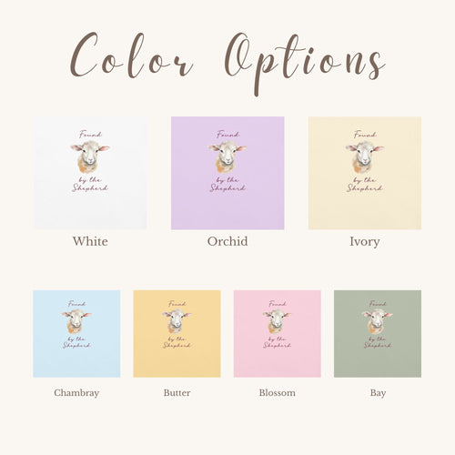 Color options for a product with a lamb illustration and text 'Found by the Shepherd'.