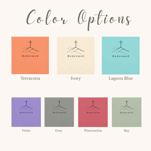 Color options chart for a product labeled 'Redeemed', showing eight flat color swatches with names beneath them: Terracotta, Ivory, Lagoon Blue, Violet, Grey, Watermelon, and Bay. The top header reads 'Color Options'.