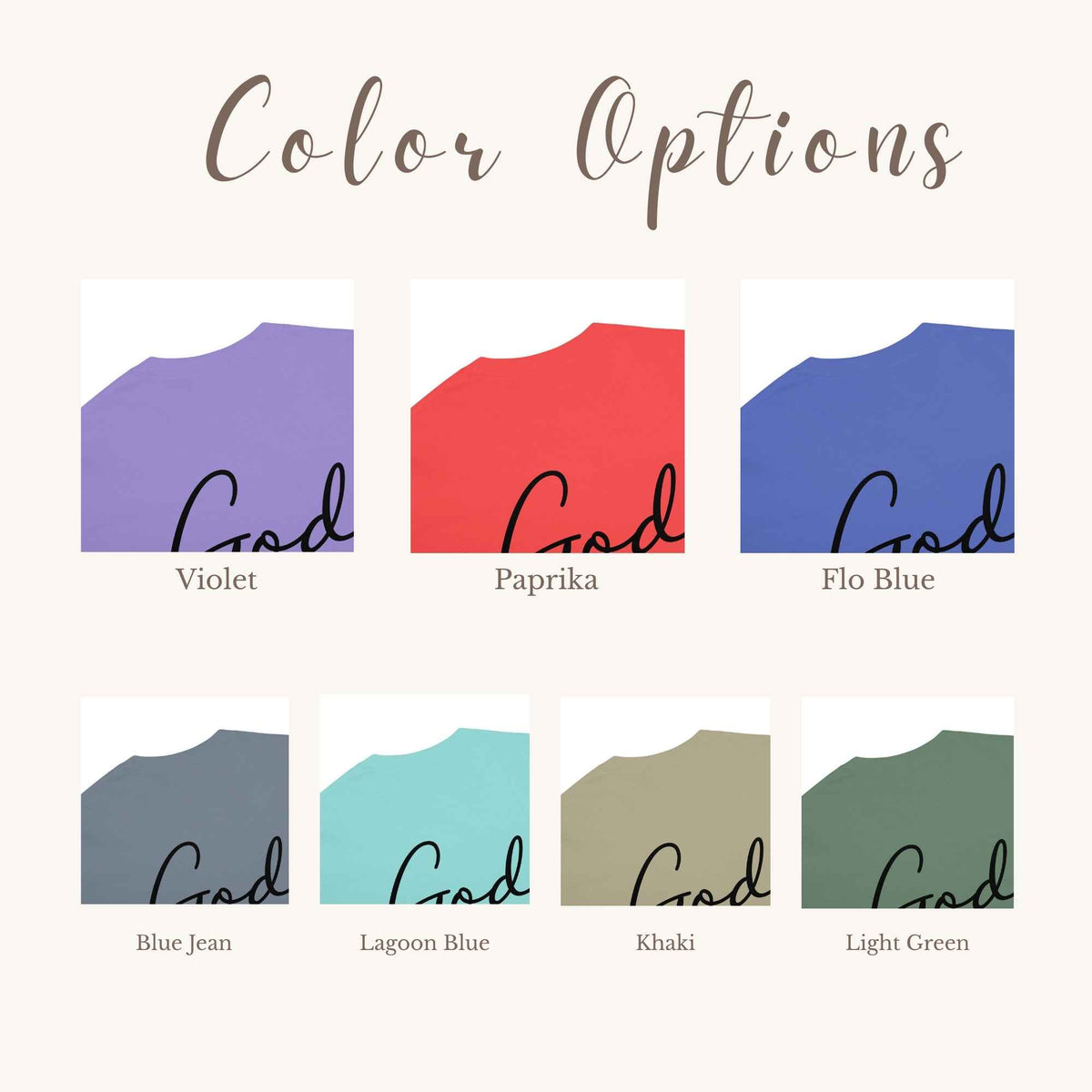 Color options chart showing seven fabric swatches with labels: Violet, Paprika, Flo Blue, Blue Jean, Lagoon Blue, Khaki, and Light Green. The chart has a beige background with the heading 'Color Options' at the top.