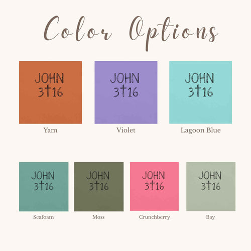 A color options chart titled 'Color Options' showing seven fabric color swatches labeled with the code JOHN 3 16 and names: Yam, Violet, Lagoon Blue, Seafoam, and Moss, Crunchberry and Bay. The swatches are arranged on a light warm beige background.