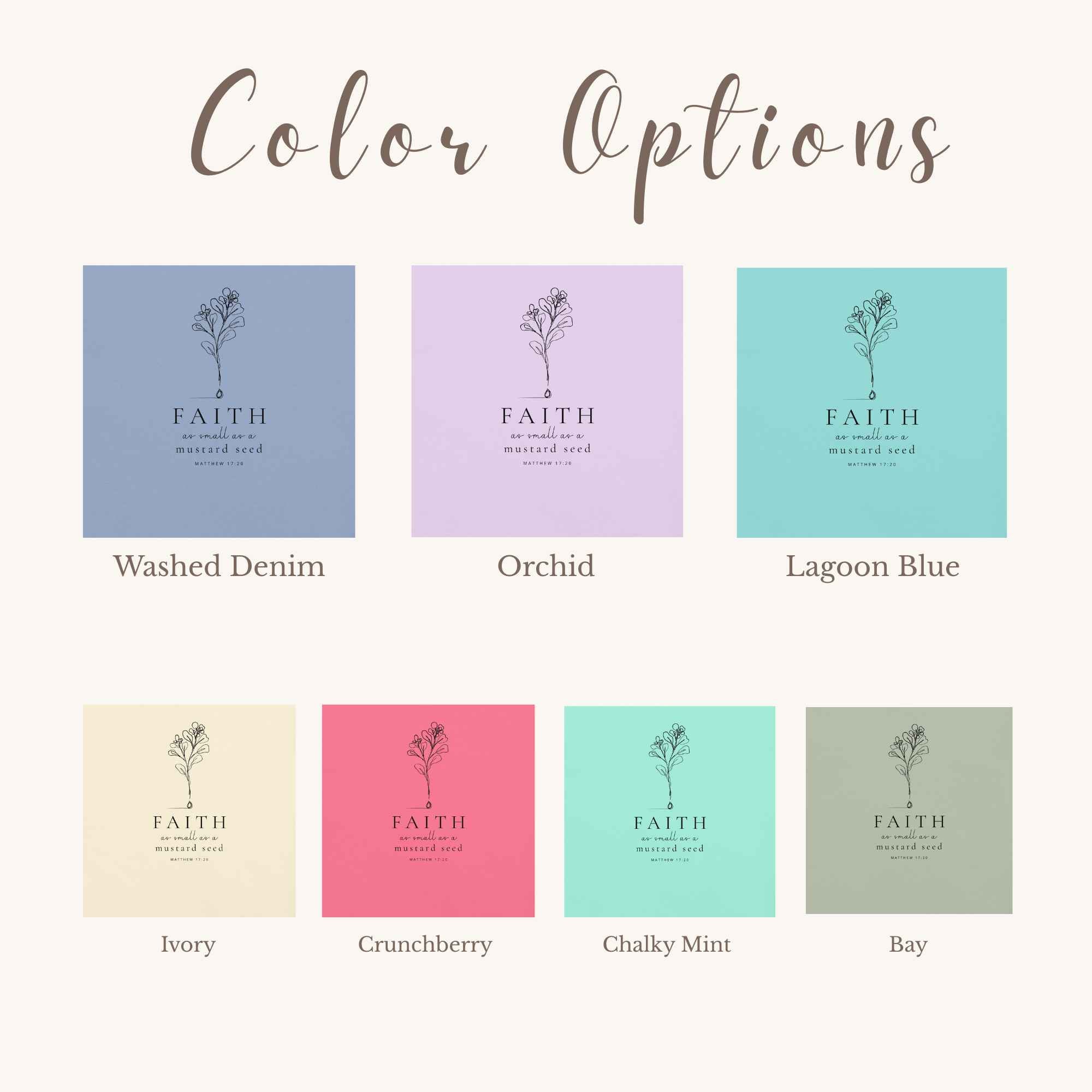 Color options chart for shirts featuring eight square swatches labeled Washed Denim, Orchid, Lagoon Blue, Ivory, Crunchberry, Chalky Mint, and Bay under the title 'Color Options'.