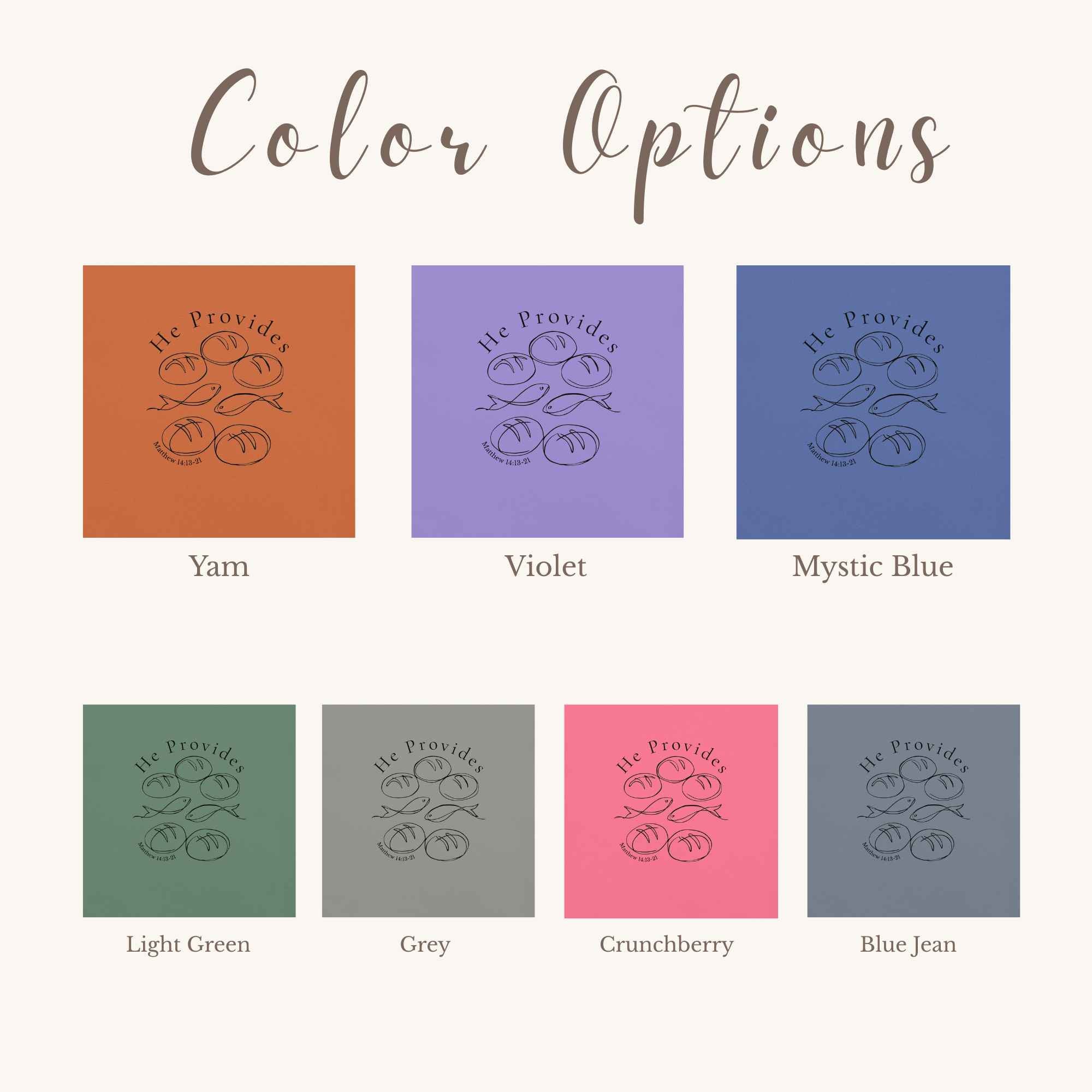 Color options chart showing eight square swatches labeled Yam, Violet, Mystic Blue, Light Green, Grey, Crunchberry, and Blue Jean under the heading 'Color Options' on a light beige background.