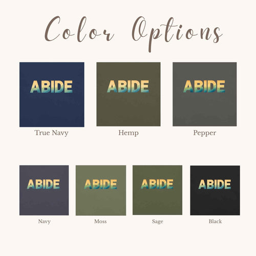 Color options chart for a product labeled ABIDE, showing seven square swatches in different muted tones: True Navy, Hemp, Pepper, Navy, Moss, Sage, and Black, arranged on a light beige background with the heading 'Color Options'.