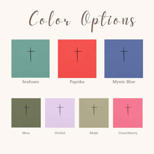 Color options chart showing seven fabric swatches labeled Seafoam, Paprika, Mystic Blue, Moss, Orchid, Khaki, and Crunchberry on a light beige background with the heading 'Color Options'.