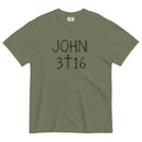 A dark military green short-sleeve crewneck t-shirt with 'JOHN 3 16' text with cross graphic in between the 3 & 16 printed in a black hand-drawn font on the chest, displayed flat against a light cream background.